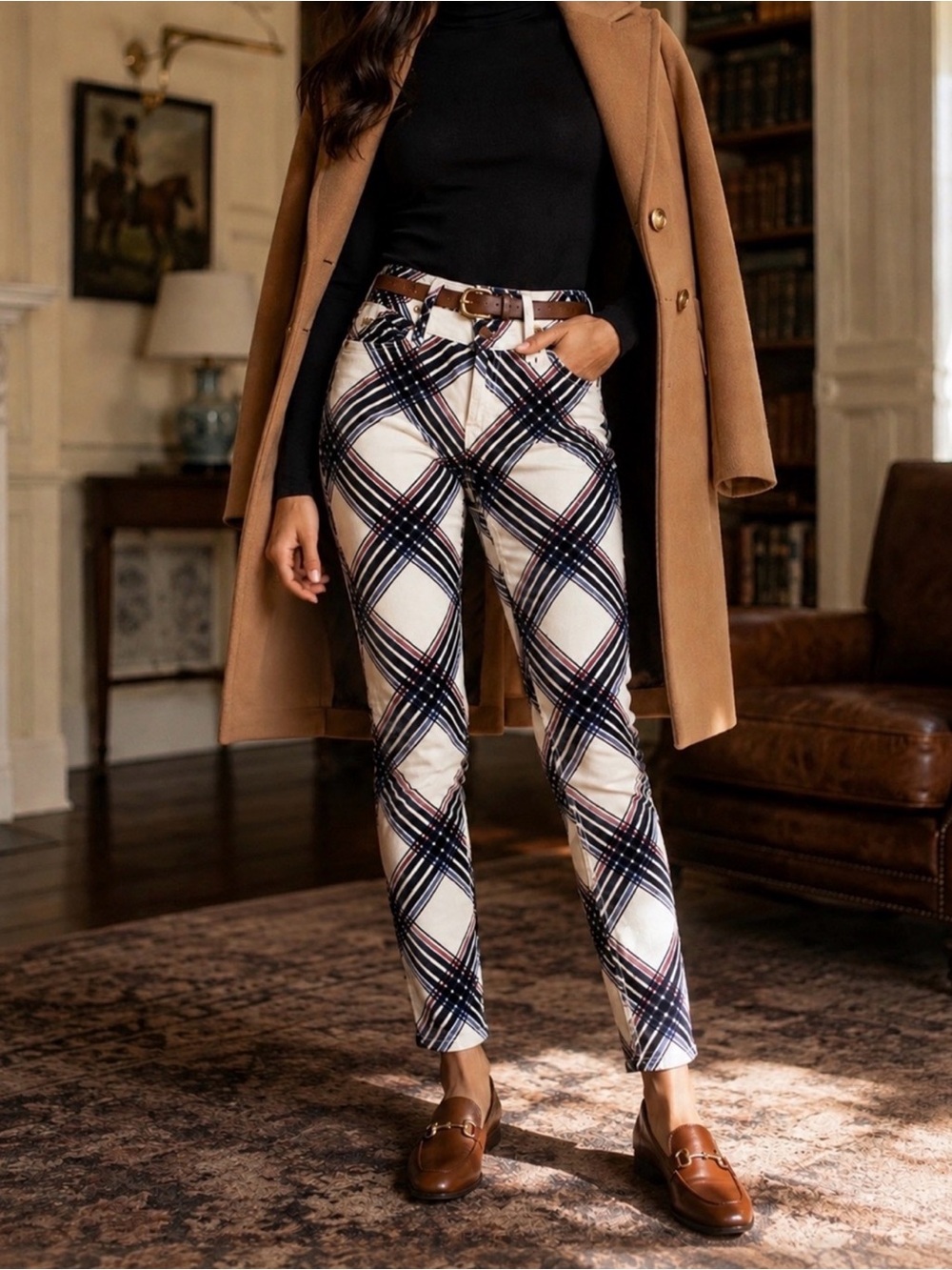 7 For All Mankind Plaid Velvet Pants - Cream, Black, Burgundy, & Blue -26
